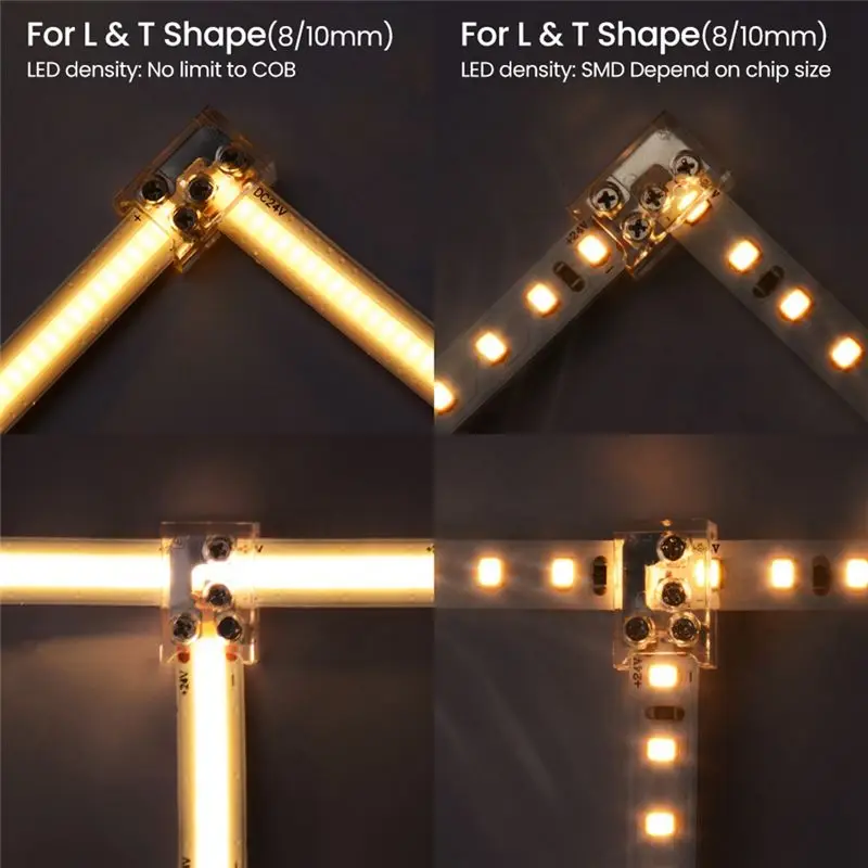 DT19 10Pcs LED Corner Connector for Strip Light, 10mm L T Shape Screw Fixing 5A 24V for Single Color COB SMD