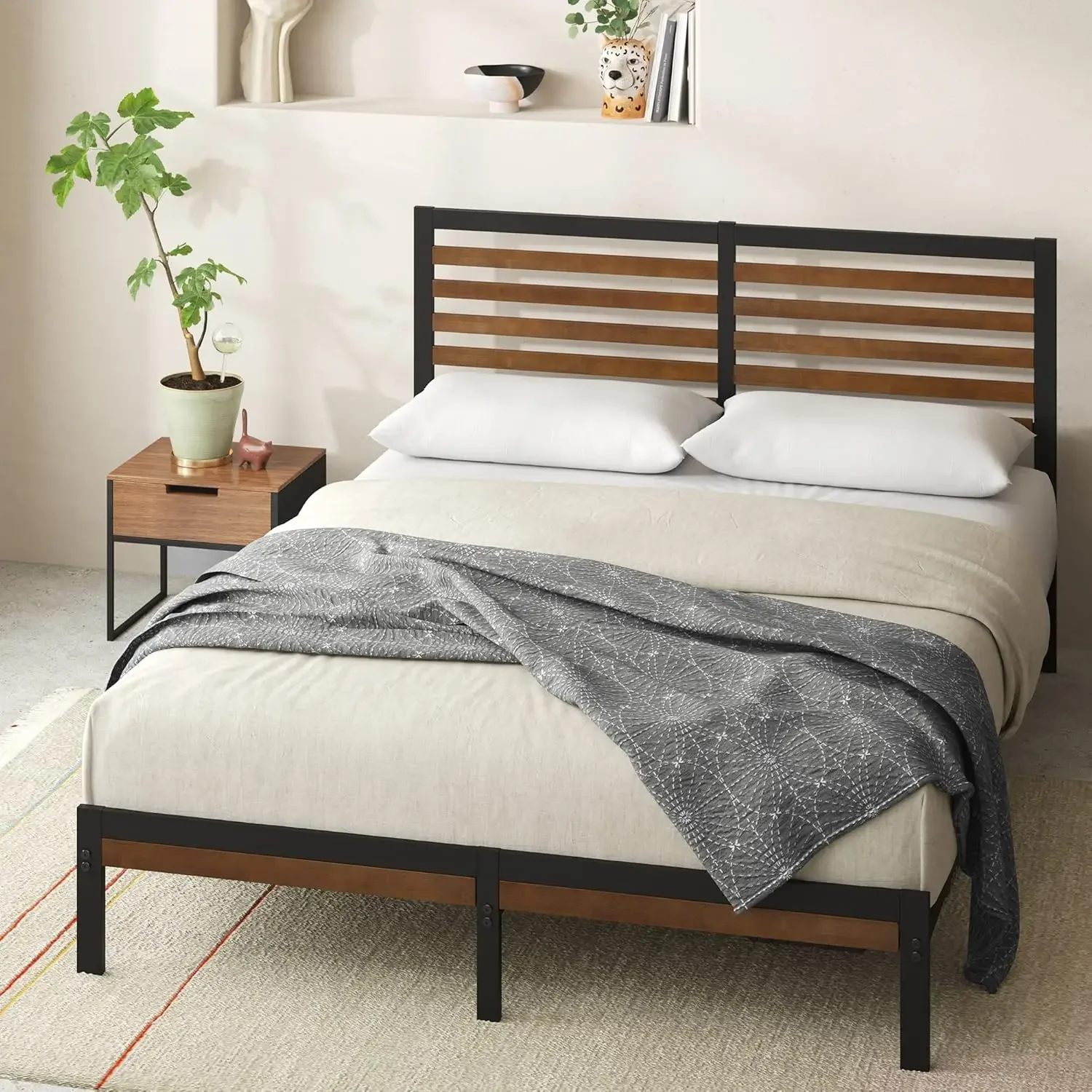 Bamboo and Metal Platform Bed Frame with Headboard, No Box Spring Needed, Easy Assembly, Queen, Brown