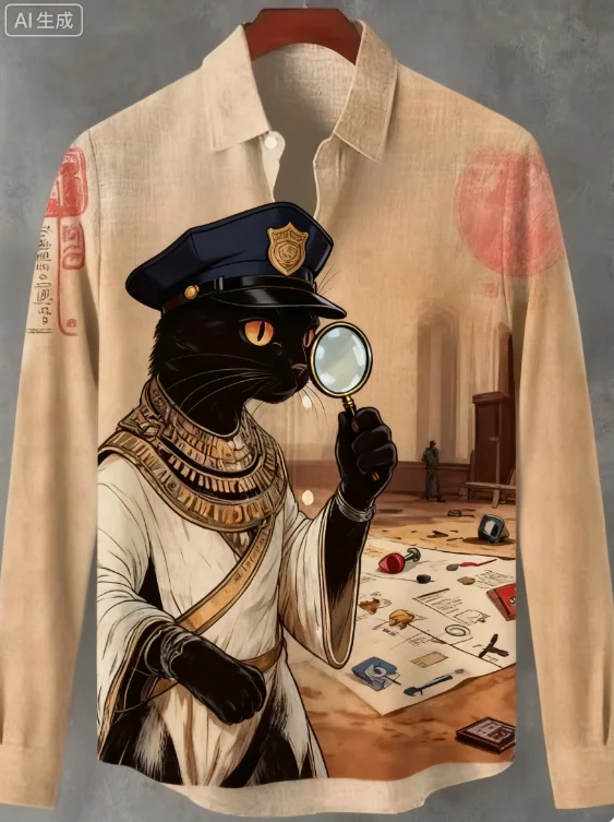 قميص رجالي مطبوع ثلاثي الأبعاد على شكل قطة مصرية ملابس على الطراز الياباني Harajuku كورية بأكمام طويلة ملابس خروج للمدرسة القديمة ملابس علوية للرجال #1