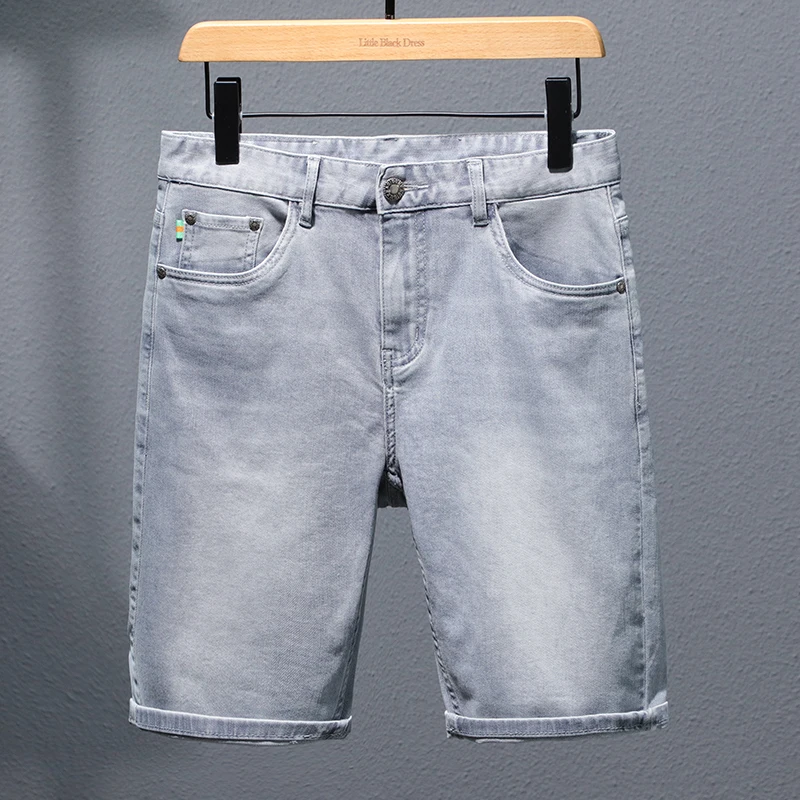 Summer Thin Light Gray Stretch Denim Shorts Men's Fashion Brand Loose Straight Ruffle Handsome Street Casual Cropped Pants