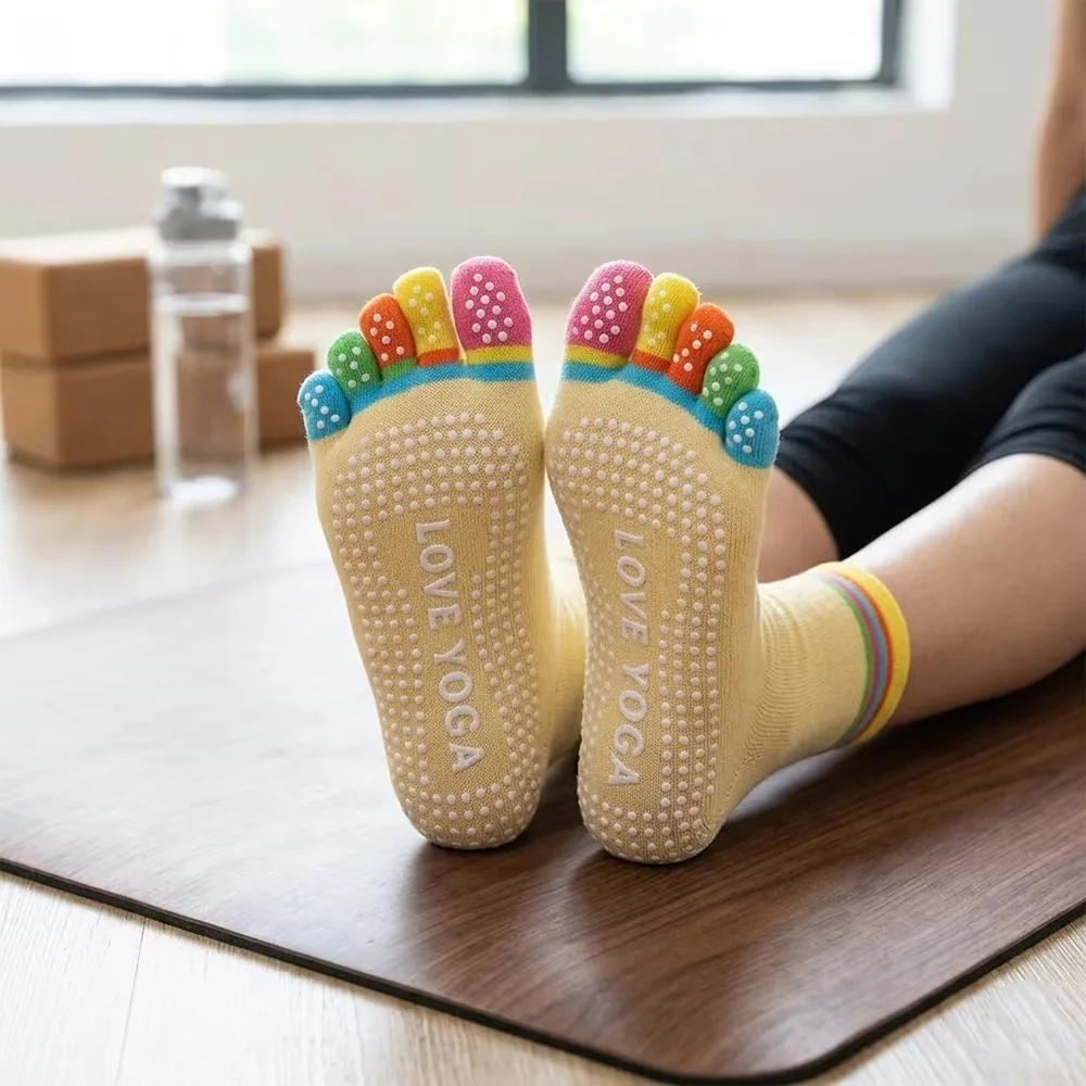 Women Sports Colorful Yoga Socks Hot Fitness And Pilates Cotton Socks Rainbow Workout Anti Slip Toe Socks Breathable Purple