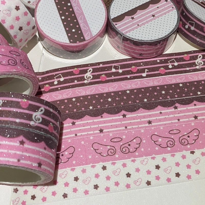 Korean Ins Cute Pink Brown Strawberry Tape Flash Sand Hand Account Decorative Tape Collage Planner DIY School Stationary Sticker