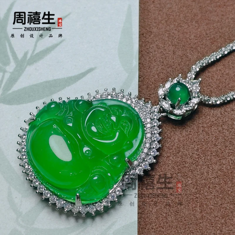 Silver-plated with chalcedony, featuring Laughing Maitreya Buddha, green agate jadeite pendant