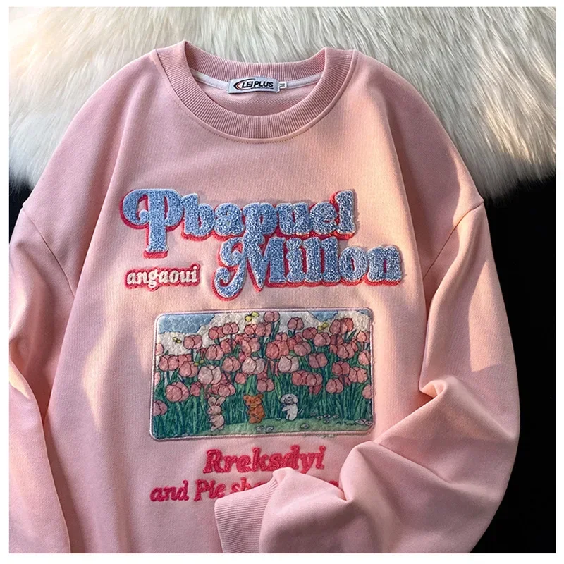 Harajuku Retro Top Print Sweatshirt Women Loose Streetwear Sweatshirts Korean Oversize Pullovers Embroidered Letter Hoodie Y2k