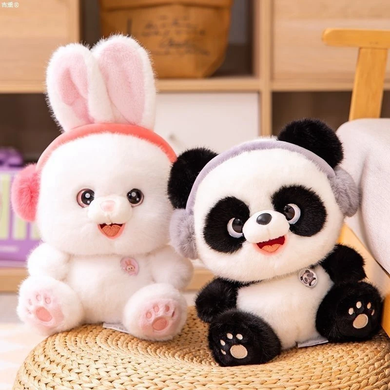 25CM Cute Earphone Rabbit Plush Toy Kawaii Super Soft Short-haired Premium Panda Husky Doll as a Birthday and Christmas Gift