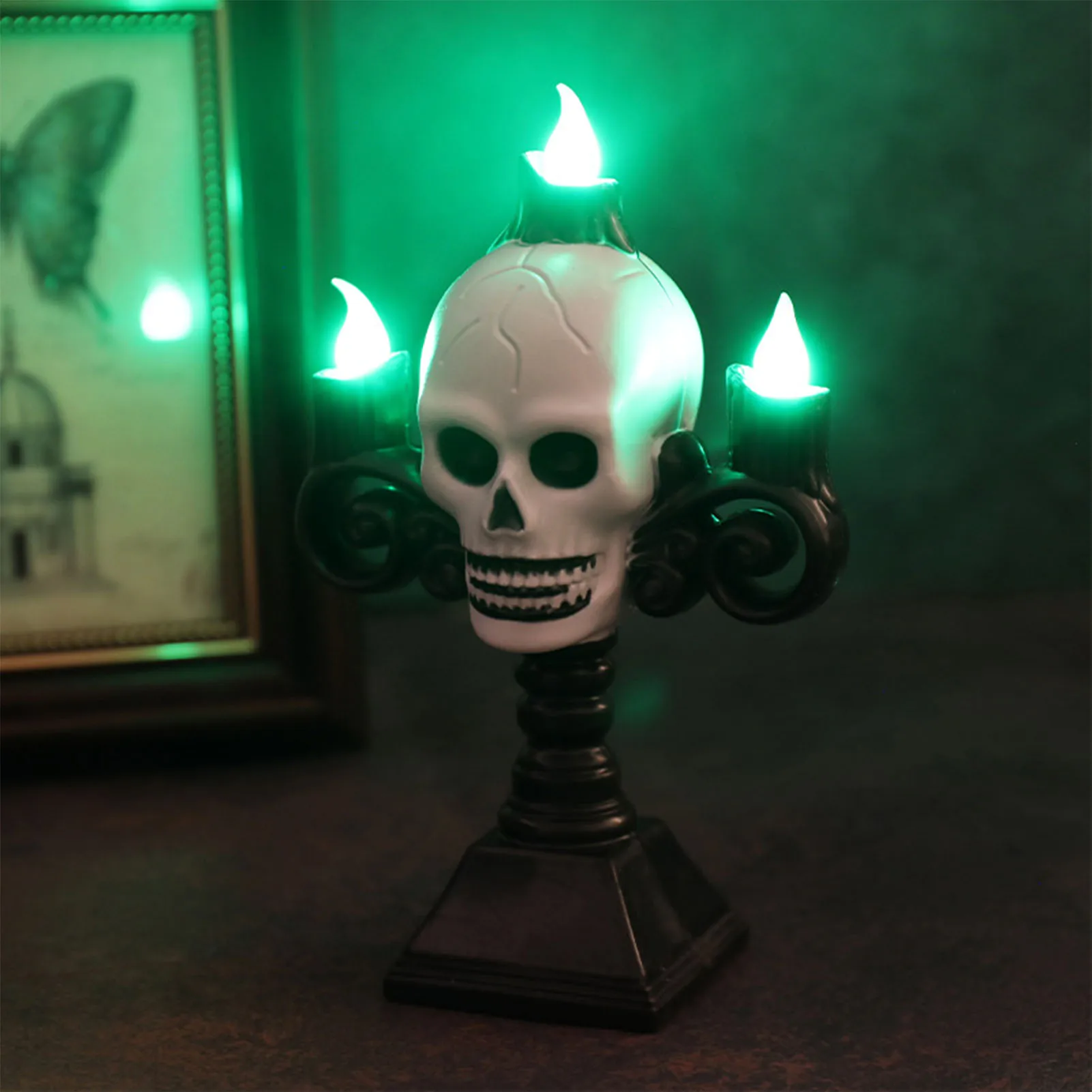 ZK50 Skull Head LED Candle Light Lightweight Retro Spooky Green Light Plastic Skull Flameless Candle Lights for Party