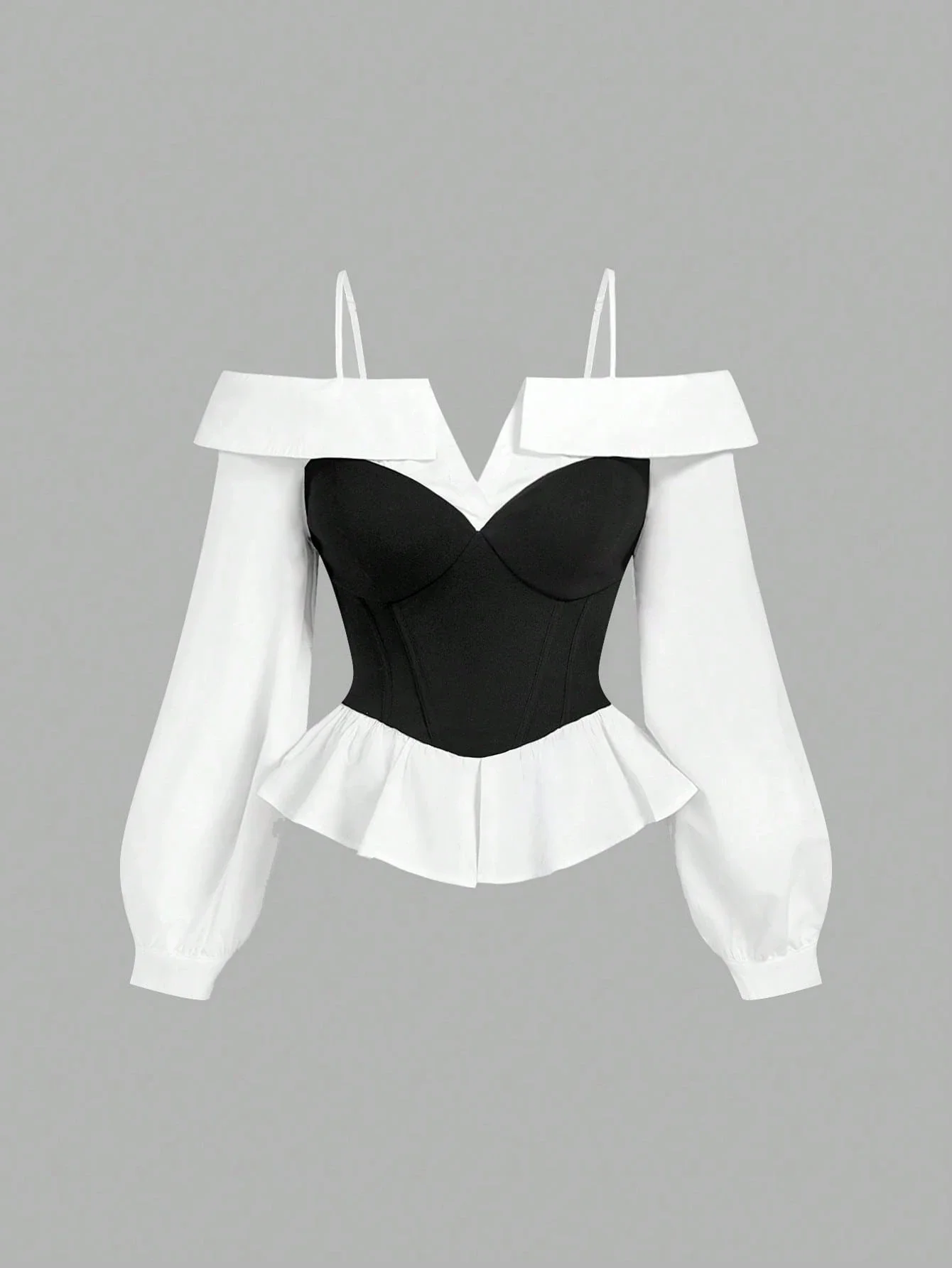 

Elegant Black And White Cold Shoulder Blouse With Puff Sleeve