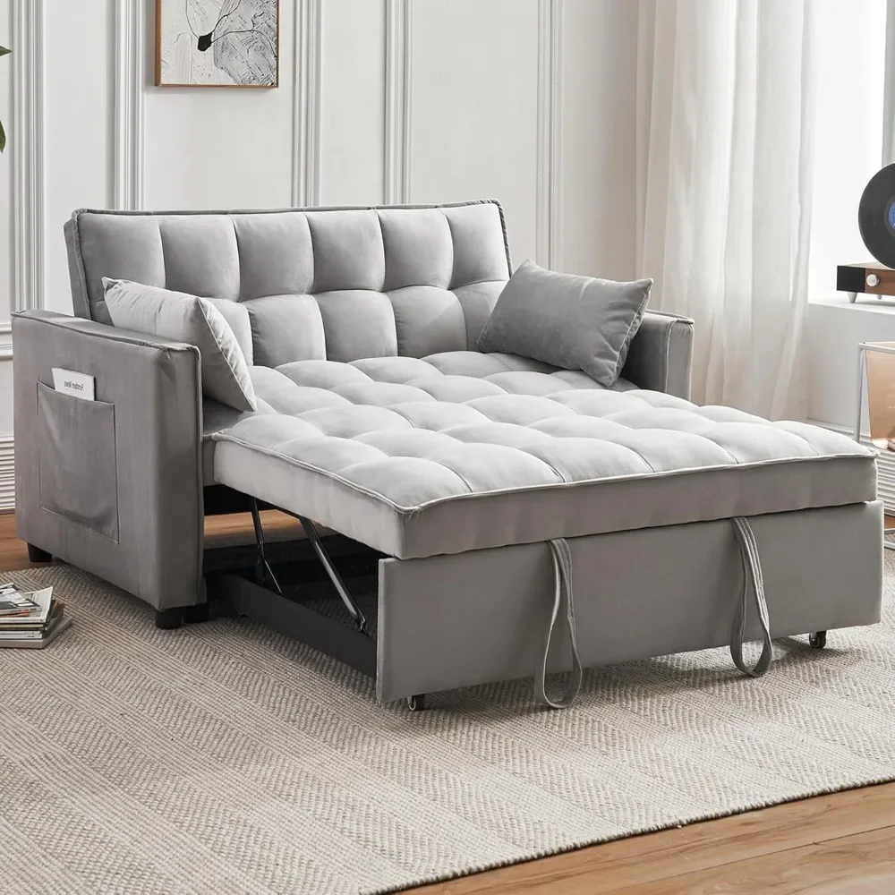 Sofa Bed, Sleeper Sofa Bed, 3-in-1 Velvet Pull Out Couch with Armrests, Storage Pockets and 2 Pillows, Adjustable Backrest, Sofa