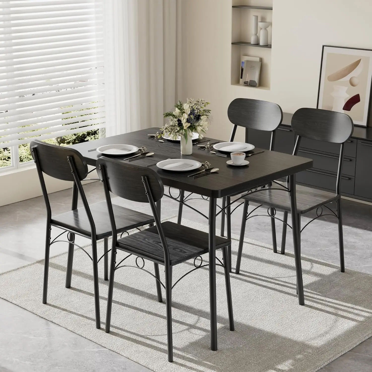5-Piece Dining Table Set, MDF Tabletop & Metal Frame for Small Space Kitchen Breakfast Nook, Matte Black, Customized