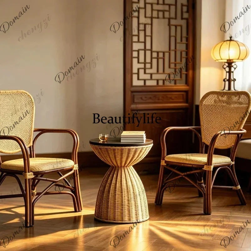 ISL Full rattan woven corner few solid wood round countertop sofa side table living room casual small coffee table