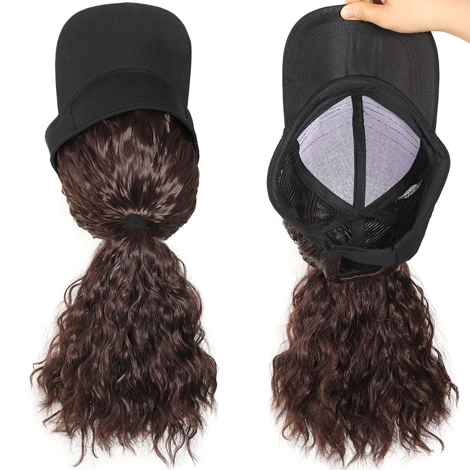 LUPU Synthetic Hair Curly Wave Ponytail Black Brown Baseball Cap Wig Adjustable Sun-Protective Sporty Style for Women Girls