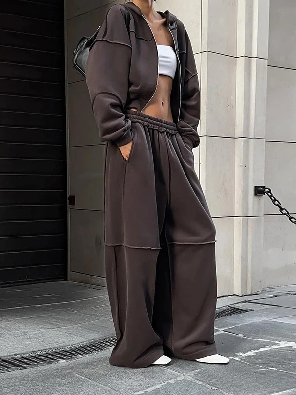 

Yaminiya new Casual Tracksuit Women 2 Piece Set Reverse design Sporty Simple Hipster Hooded Zip Jacket+Wide Pants Matching Suits