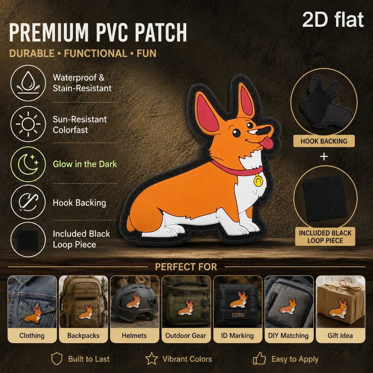Red Collar Tag with Tongue-Out Corgi Design, Luminous Effect Graphic, 2D Flat Pvc Material, Magic Sticker Patch, Free Backing Material, Optional Sizes, 1Pc/2Pcs/3Pcs, Layered 3D Embossed Edge, Not Easy to Come Off, Functional Jacket Personalized Decoration Accessory