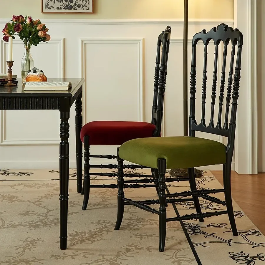 French solid wood dining chair fleece soft bag stool antique retro high sense Internet celebrity back chair