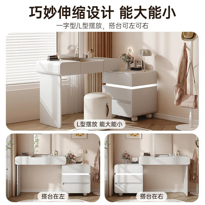 Dressing Table Smart Makeup Vanity Desk Modern Solid Wood with LED Lighted Mirror Flip Top Dresser Table Stool for Bedroom