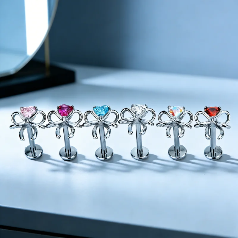 G23 Titanium Heart Shaped Bow Lip Piercing 16G CZ Labret Tragus Helix Cartilage Nose Piercing Jewelry Internal Thread Earrings
