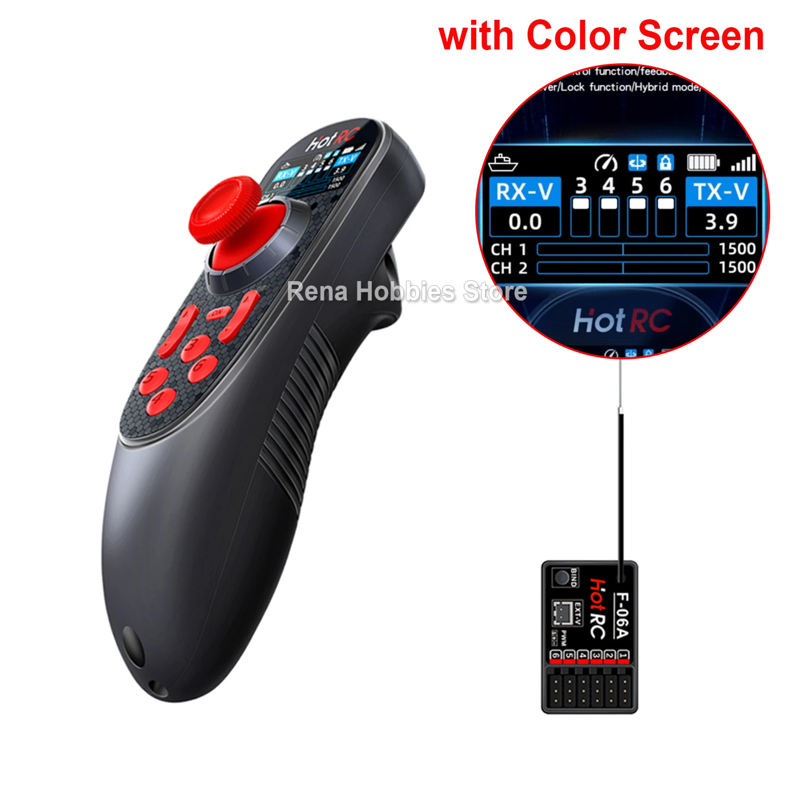 

HOTRC DS-650 6-канальный радиосистемный передатчик 2,4 ГГц с цветным экраном ШИМ-приемник F-06A для радиоуправляемого автомобиля, лодки, газонокосилки, газонокосилки, газонокосилки