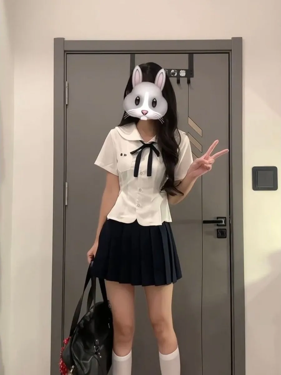 College Style Shirt Set Short Sleeve Doll Collar Petal Drop Slim Design Sense Top Breathable Polyester Fabric Casual Wear