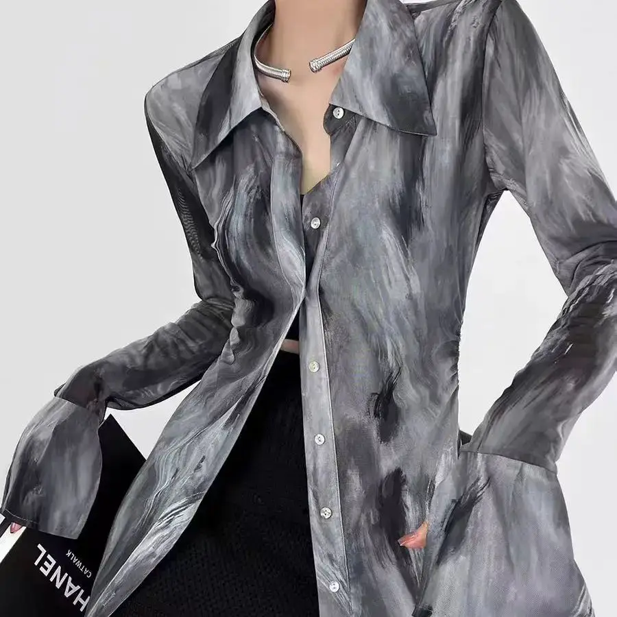 

Women Shirt Retro Tie-Dye Gradient Slim Fit Mesh Shirt Bell-Sleeved Lapel Top With A Little Fragrance