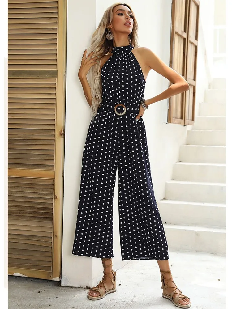 Casual Jumpsuits Polka Dot Print High Waist Wide Leg Women Summer Sleeveless Sexy Lady Long Pants Jumpsuit Halter Neck Overalls