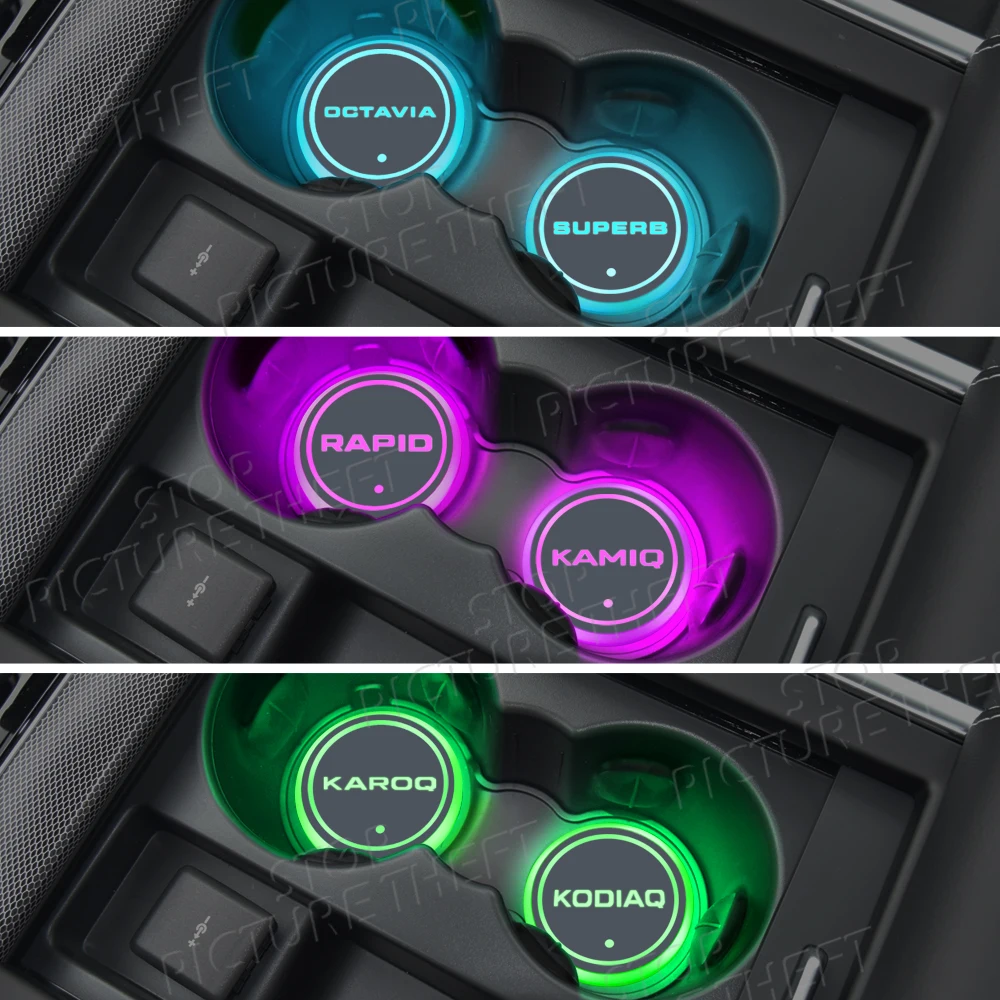 For Skoda Octavia Rapid Kodiaq Karoq Kamiq Superb vrs Logo Emblem Led Car Water Cup Mat Drink Holder Auto Interior Decorative