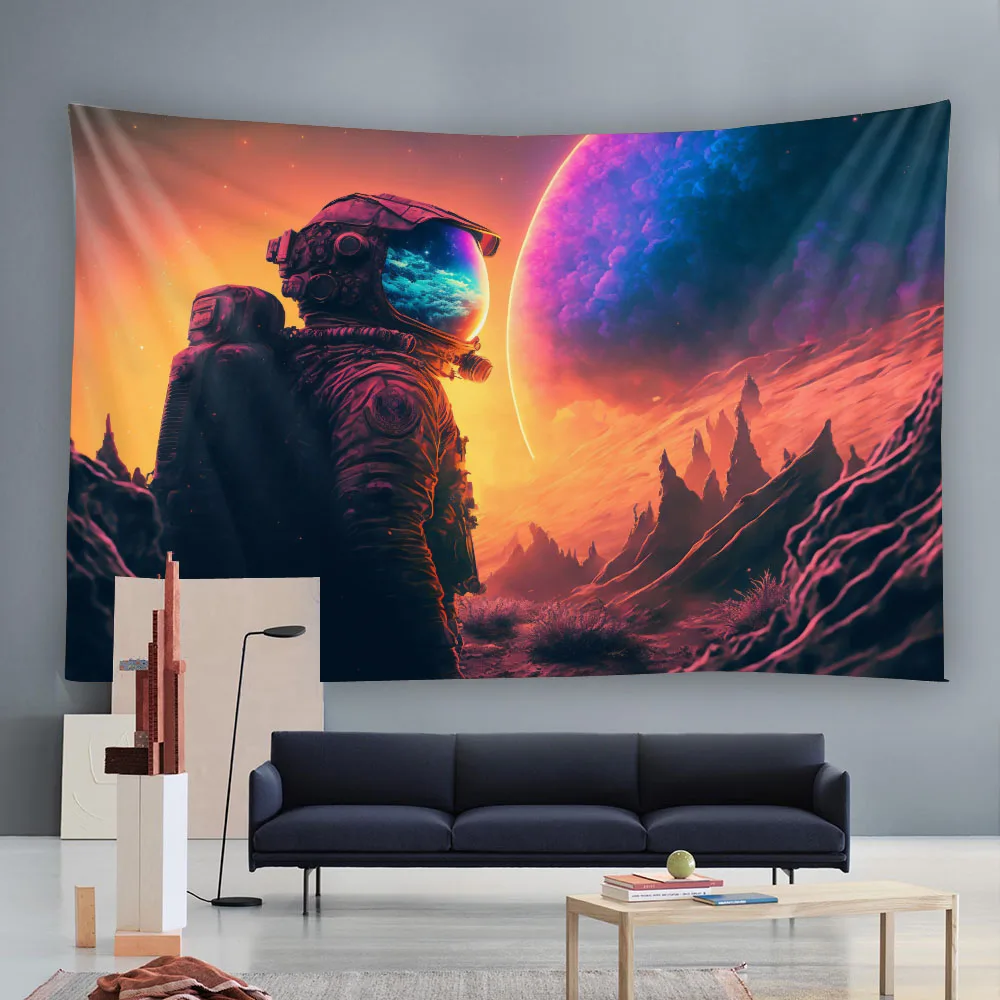 Space Magic Astronaut And Alien Tapestry Wall Mounted Background Poster Living Room Fabric Mural Home Art Decorative Blanket