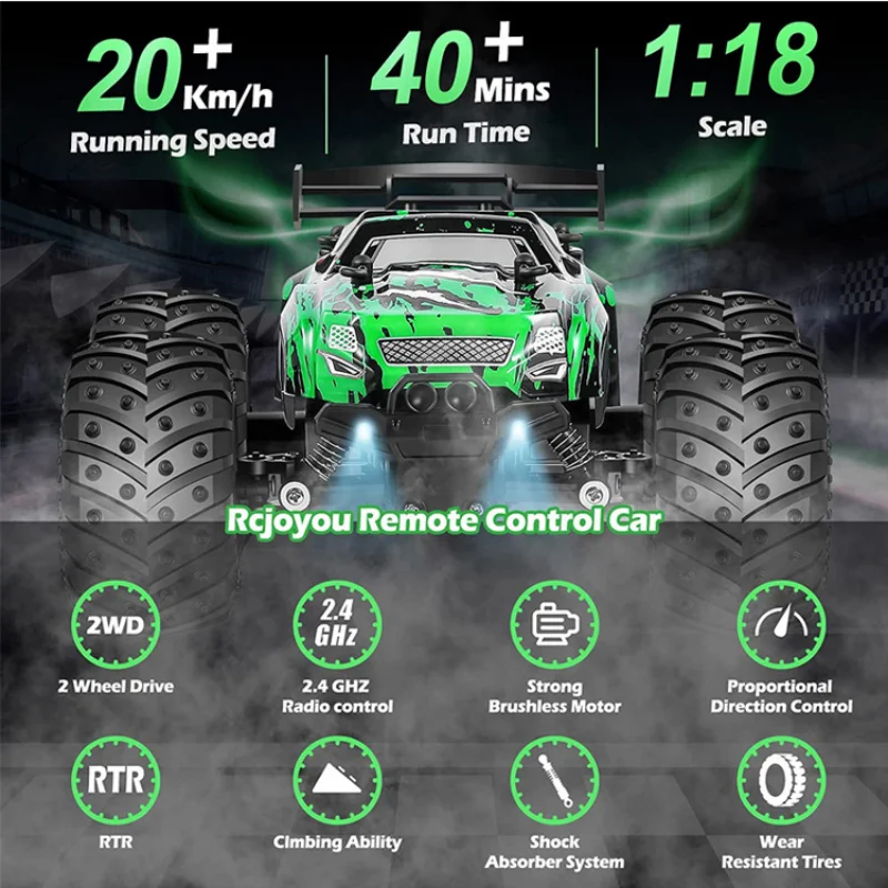 1：18 RC Car Electric High Speed Off-Road Cars Remote Control Cars with LED Light 2.4G 40KM/H Drift Toys for Boys Kids and Adults