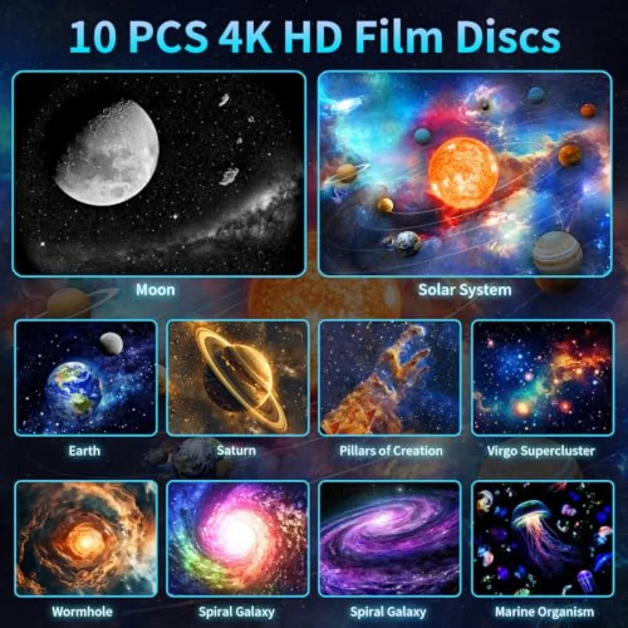 Galaxy Projector Upgraded 4K HD Star Projector Lens, 10 Slides Image Planetarium BedRoom Lights Ceiling Lights 360° Rotation 1/