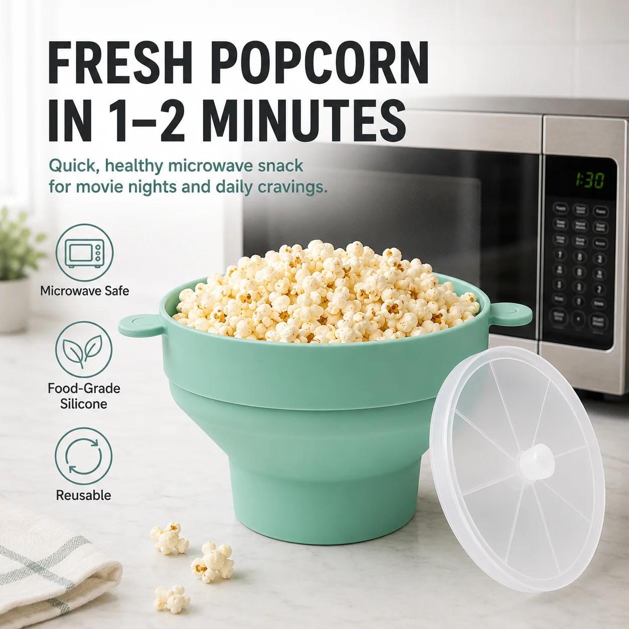 Uwhise Food Grade Silicone Microwave Popcorn Maker Large Capacity Collapsible Bowl Reusable Snack Popper With Lid Kitchen Gadget