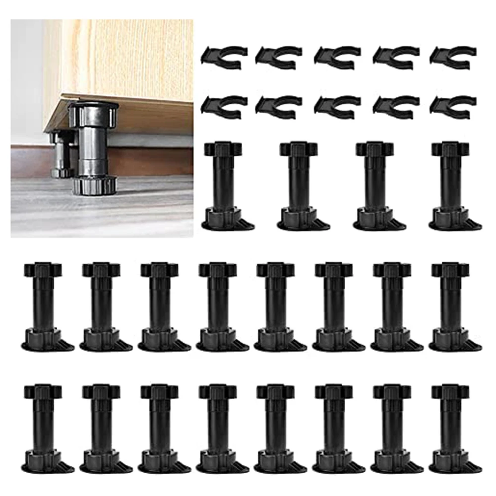 B52C 20Pcs Furniture Feet Adjustable Cupboard Foot Leg Unit Cabinet Legs with Kick Board Clips for Kitchen Bathroom Cabinet