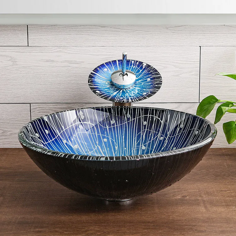 42cm Round Bowl Basin Hotel Countertop Washbasin Set Sky Blue Tassel Pattern Tempered Glass Vessel Sink