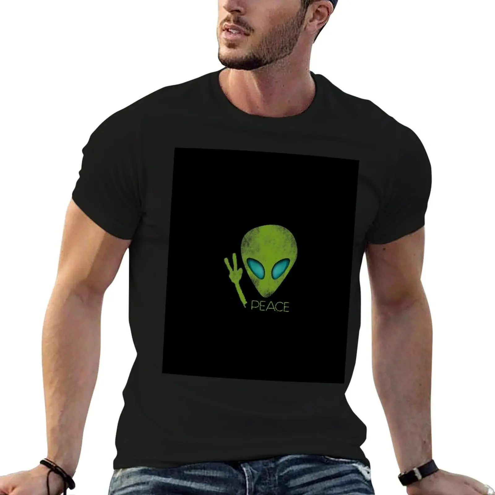 男性用UFO Tシャツ,クールで面白い服,特大のグラフィックTシャツ,かわいいトレーニング,宇宙人の平和,カワイイ服,大きいサイズ