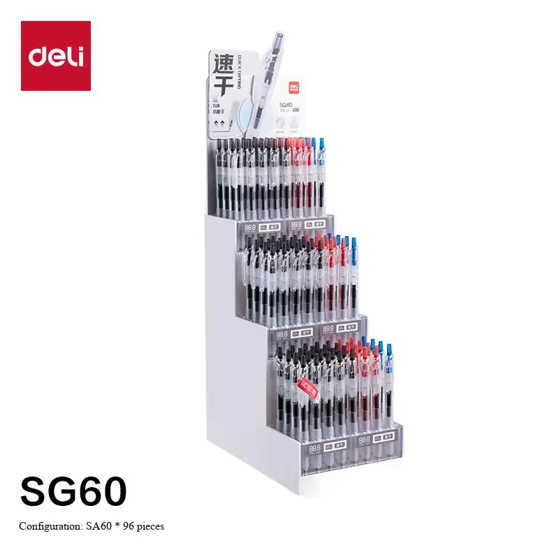 96PCS Deli GS60 Quick Drying Gel Pen Set 0.5mm ST Tip Push Button Ultra Smooth Business Pens Display Pack Black Blue Red