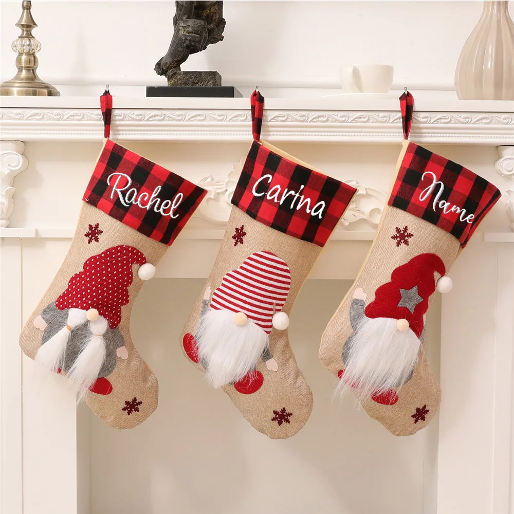 Custom Name Rudolph Christmas Socks Kids Happy New Year Gift Candy Bag Living Room Christmas Tree Hangings Embroidered Name Sock