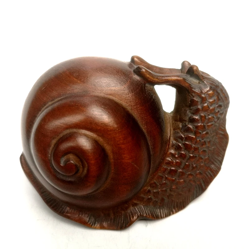 

YIZHU CULTUER ART Size 2.4 Inch Old Chinese Hand carved Boxwood Wood Snail Figure Statue Netsuke Decoration Gift Collection