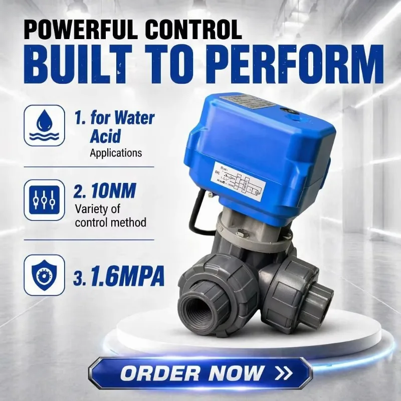 3-Way DN15 1/2'' Plastic PVC Electric Ball Valve with Manual OEM EPDM Sealing for Water/Acid Applications NPT Connection