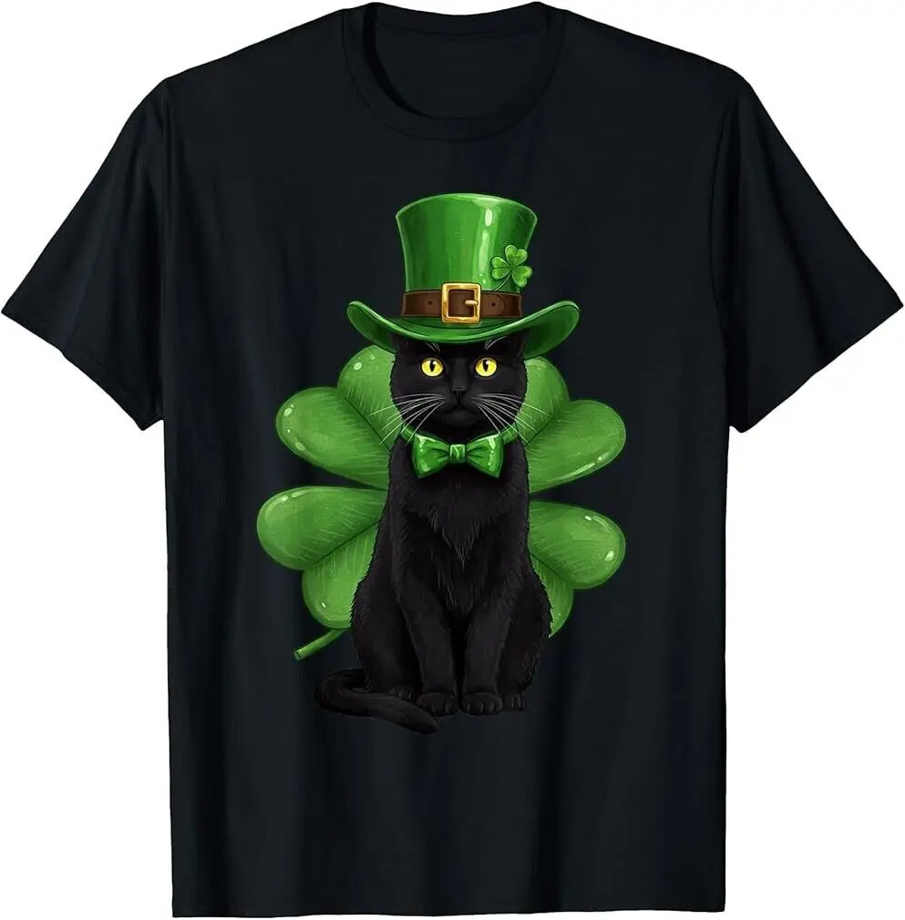 Camiseta negra para amantes irlandeses del Día de San Patricio Shamrock Cat