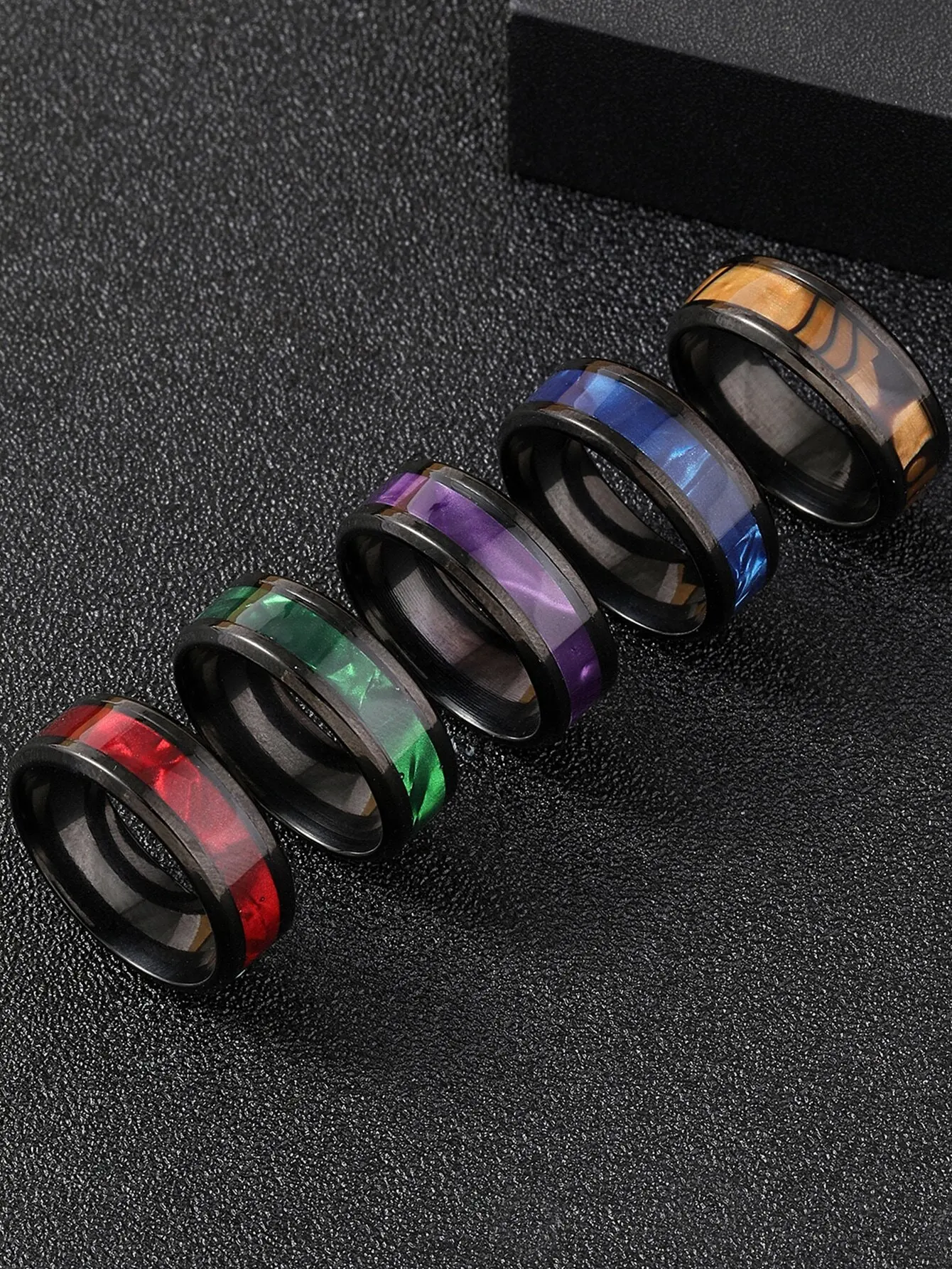 

5pcs Black Stainless Steel Men's Fashion Rings with Colorful Inlay Band Set