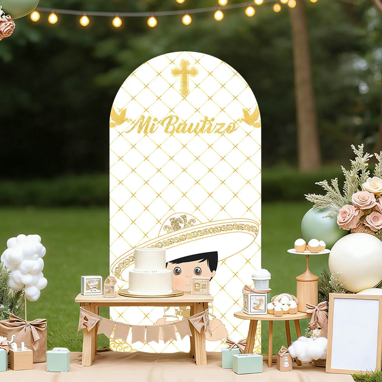 Mehofond Custom 2-Sided Mi Bautizo First Holy Communion God Bless Baby Baprtism Party Covers Chiara Arch Decor Backdrop Photo