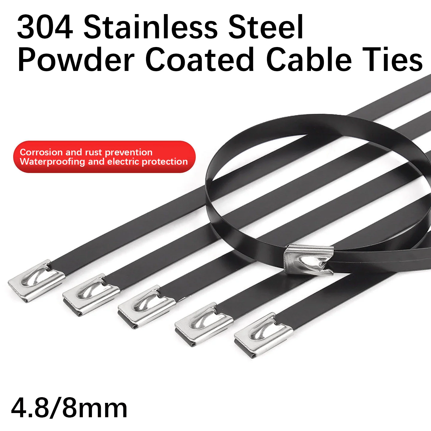 10-50pcs 304 Stainless Steel Plastic-Coated Self-Locking Cable Ties 4.8/8MM Marine-Grade Black Rust-Proof Wire Straps with Clips