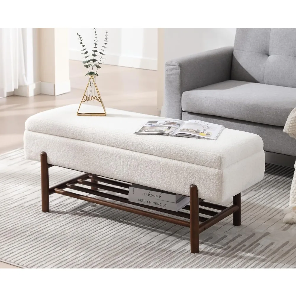 

Entryway Storage Bench for Bedroom Sherpa End of Bed Ottoman Bench with Wood Shoe Storage for Living Room/Hallway/Under Window/