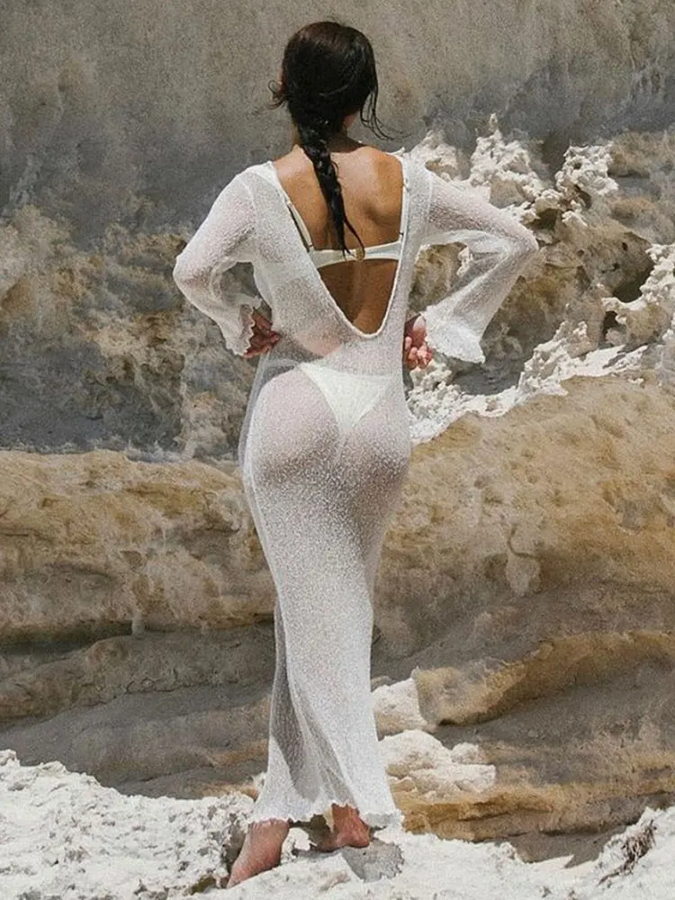 2024 Sexy See-through Backless Slim Long Sleeve Knitted Beach Maxi Dress Summer Women Pool Party Swimsuit Bikini Cover-ups A2580