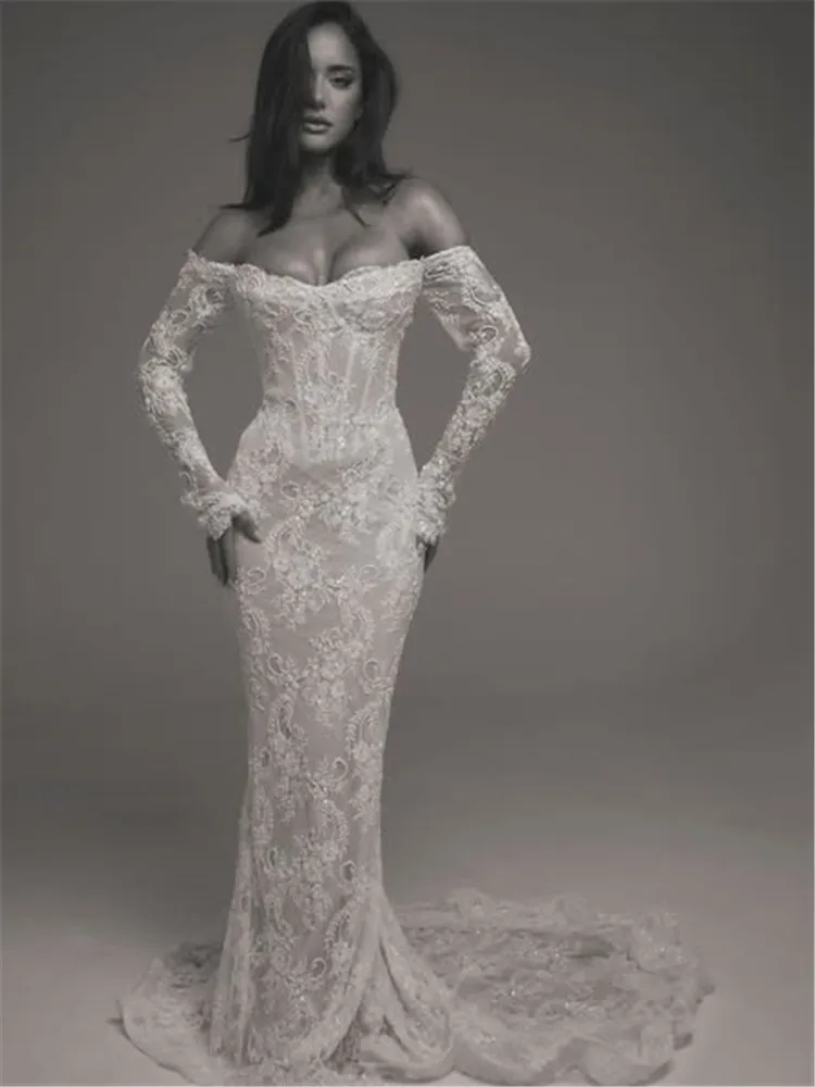 

Свадебное платье Luxo Mermaid Dresses Lace Vestido De Novia Manga Larga Con Brillo Y Cristales Curvy Custom Off Shoulder Casamento