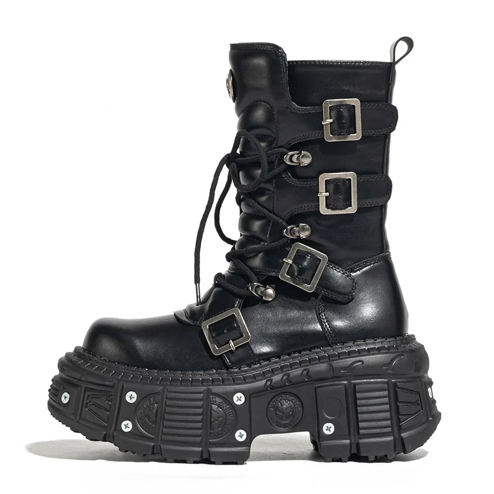 2025  Woman Rock Boots New Punk Style Women Shoes Lace-up Platform ShoesMetal Decor Thick Bottom Street Shot Knight