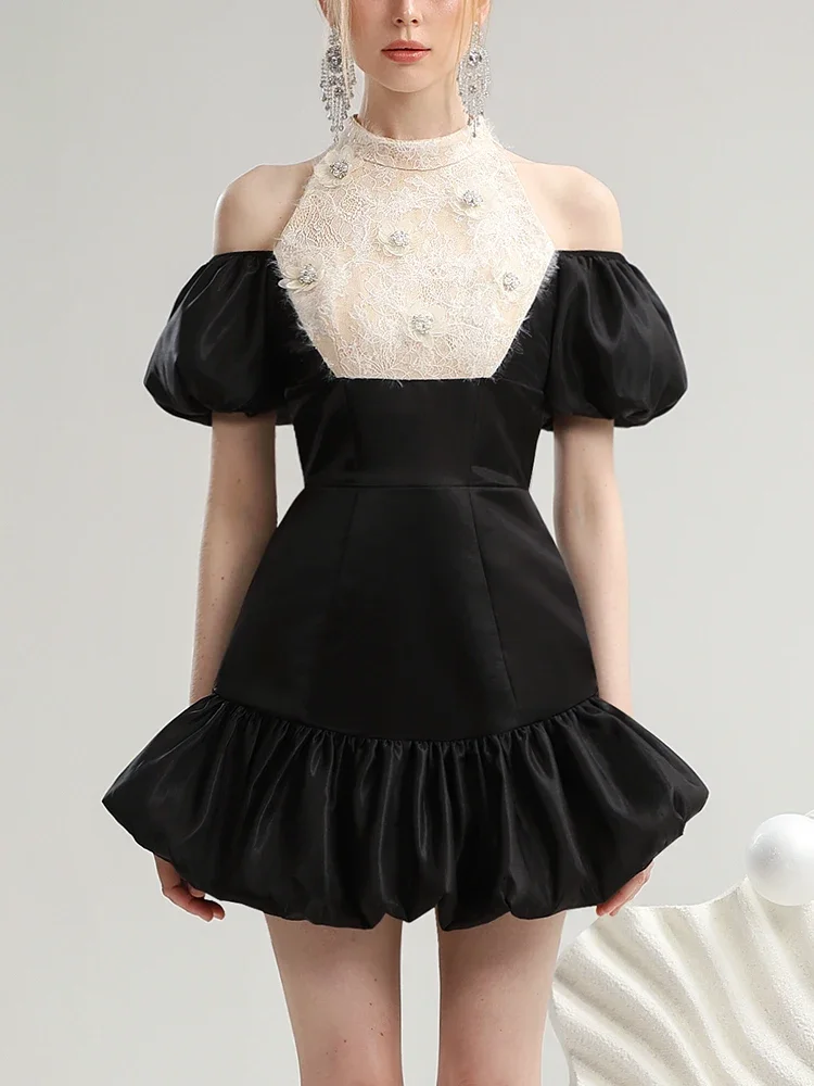 LEOSOXS French Celebrity Black Party Dress Summer New Heavy Industry Lace Neck Collar Off-the-Shoulder Bubble Short Sleeve Dress