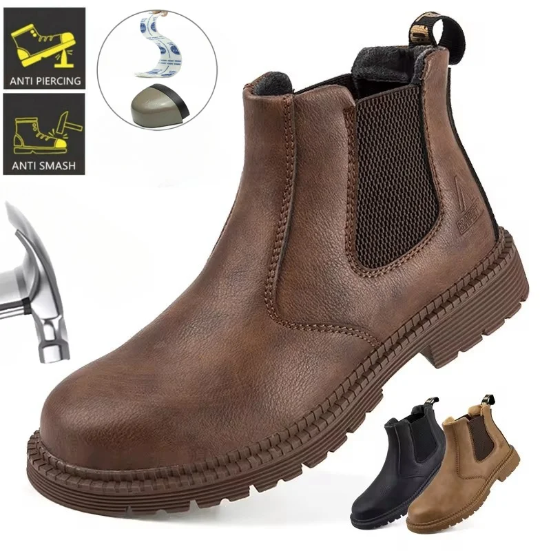 

WaterProof Safety Work Shoes For Men Steel Head Leather Boots Male Footwear Indestructible Construction Brown Botas Work Shoes
