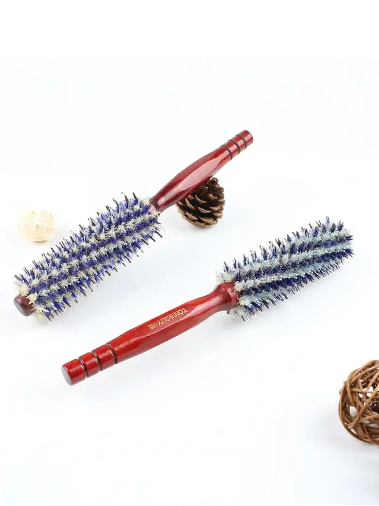 Barber Hair Straight Twill Roller Wood Handle Hairbrush Round Barrel Hair Comb for Women Blowing Curling Hair