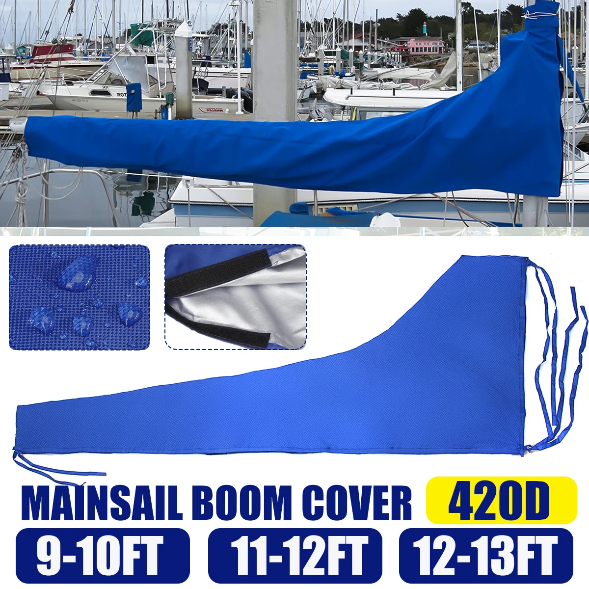 For 9-10Ft / 11-12Ft 420D Mainsail Boom Cover Boat Sail Cover Boom Sail Cover Waterproof Anti UV Protector