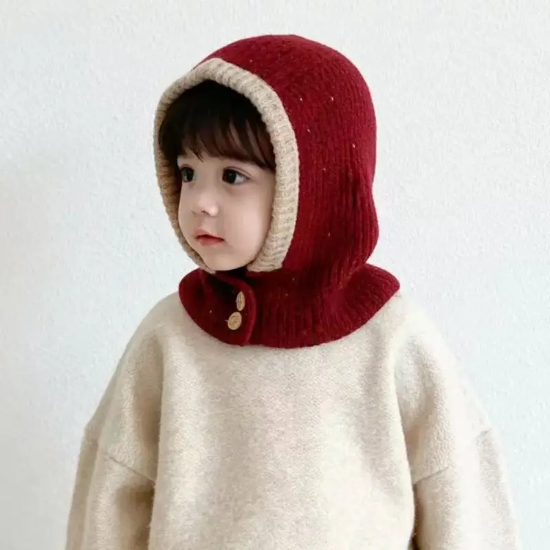 Kinder-Einteiler-Schal-Mütze, kältebeständig, warm, einfarbig, Kapuze, Strickmütze, Sturmhaube für Jungen und Mädchen im Alter von 1-5 Jahren – Detail 5
