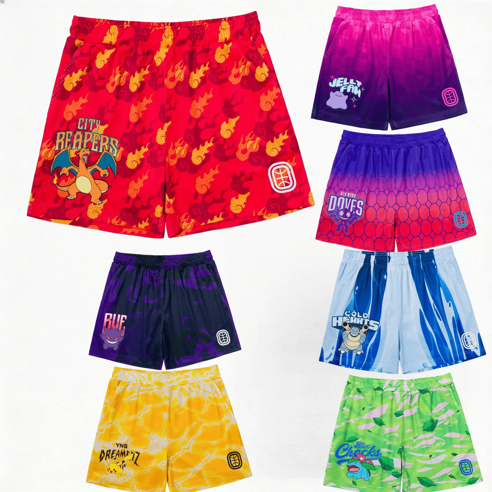 Image of Pokémon 3D-Gedruckte Pikachu Kleiner Feuerdrache Cartoon-Muster Schnelltrocknende Sport- und Freizeit-Strandshorts für Erwachsene/Kinder